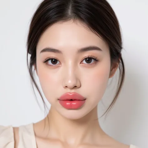 Sweet face, brown eyes, juicy lips, young woman 18 years old, korean, straight eyebrows, natural pointy nose, big brown eyes, hugh lips, very big lips, thin eyebrowns, looking at camera, stright face, studio light with wite background, extra long lashes, 