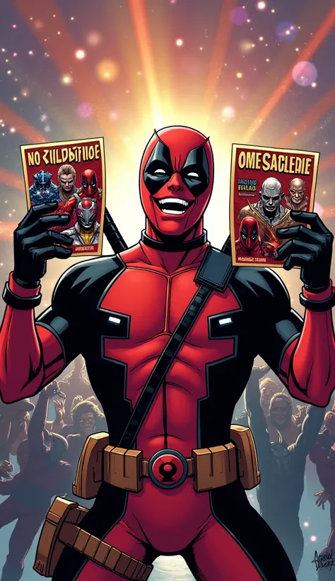 Deadpool holding party invitations while laughing, with images of Magneto, Sabretooth, and Omega Red on them. The background shows a chaotic party scene being imagined.