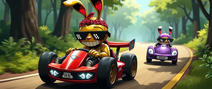 a golden rabbit character, driving a kart racing car, the rabbit wearing a suit, riding on a forest road, use motion blur, a red head-band, sunglasses, riding on the left side of the road, wide image, anime style, (best quality,4k,8k,highres,masterpiece:1....