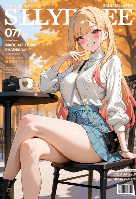 Marin Kitagawa, sitting at an outdoor café table, crossing her legs elegantly to highlight her toned thighs, long sleek blonde hair cascading over her shoulders, light pink ombre hair, red eyes, earrings, stylish silver bracelet, fitted deep V cable knit s...