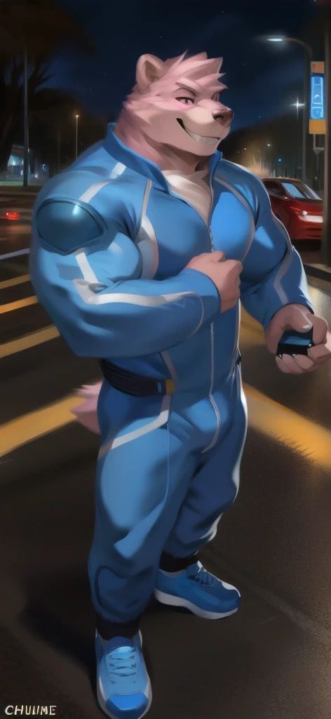  alone, Male tall ,  stance, road,pink bear, Blue Military Spacesuit,  overload,  Muscle , Evil Smile by chunie