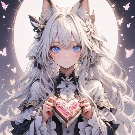  fox tied with a white ribbon、 hair white 、Eat a large chocolate ，Valentine's Day Chocolate，shine