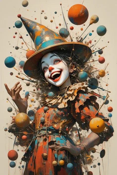 (masterpiece, best quality),(multiple exposure: 1.2),
print collage depicting,clown statue,tween,she is surrounded by juggling pins and balls symbols,wearing clown clothes,pierrot face paint,mad smile,,enthusiastic,beautiful finger, collage art, contempora...