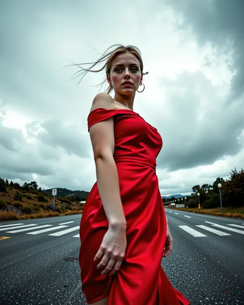 Fashion Photo by Terry O'Neill, blue eyed lady in red satin dress, anthrakotype, fisheye lens, , Overcast: Panasonic Lumix GH5S camera with a Panasonic Lumix 12-35mm f/2.8 II lens, perfect symmetry