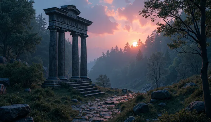 a highly detailed, realistic image of ancient Roman ruins in the forest; evening; evening time, twilight; creating a dreamy and mystical atmosphere, inspired by fantasy art, ultra-detailed, 4K resolution, cinematic lighting, vibrant colors, serene and peac...