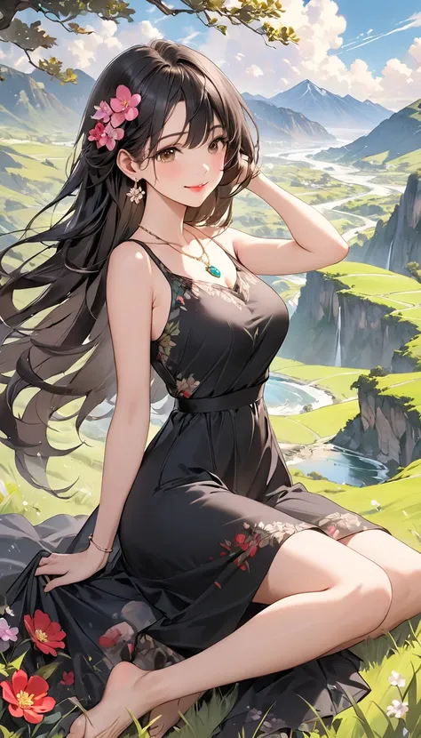 intense ink painting、 beautiful 1 woman、 perfect style with both legs、Long, flowing black hair、 pretty brown eyes、 pink lips、A gentle face、 look at me and smile、 earrings、 necklace、flowing red and black long dress、Barefoot、beautiful mountain waves 、grassla...