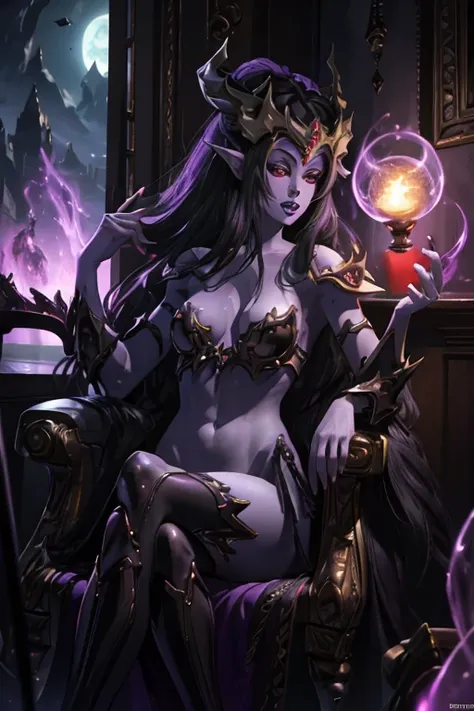 Beautiful Alluring female drow knight, Mythology Theme, Fantasy Theme, purple Skin, fair long black hair, red eyes, a cup size extremely small breasts, Inside A magical dark bioluminescent mushroom forest, Barely Clothed, gothic spiked bikini armor, Beauti...