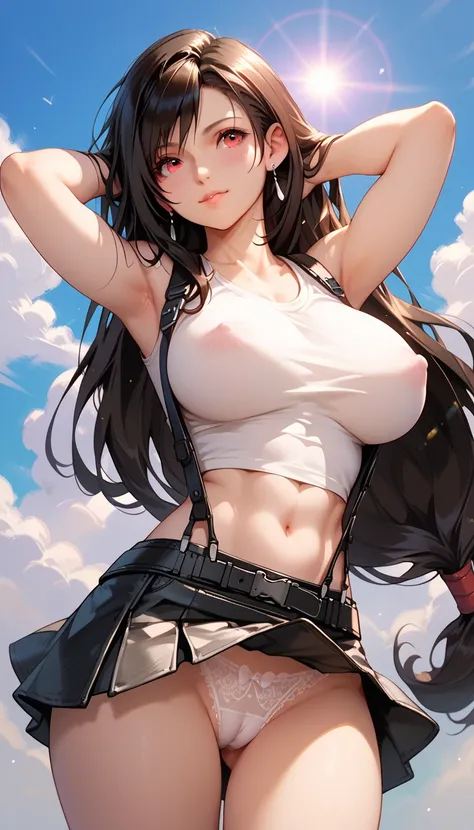 30 year old tifa lockhart, wearing tifa lockhart outfit,Large breasts,clothed,Lens Flare, Large breasts, erect nipples, black skirt, white lace panties, cameltoe 