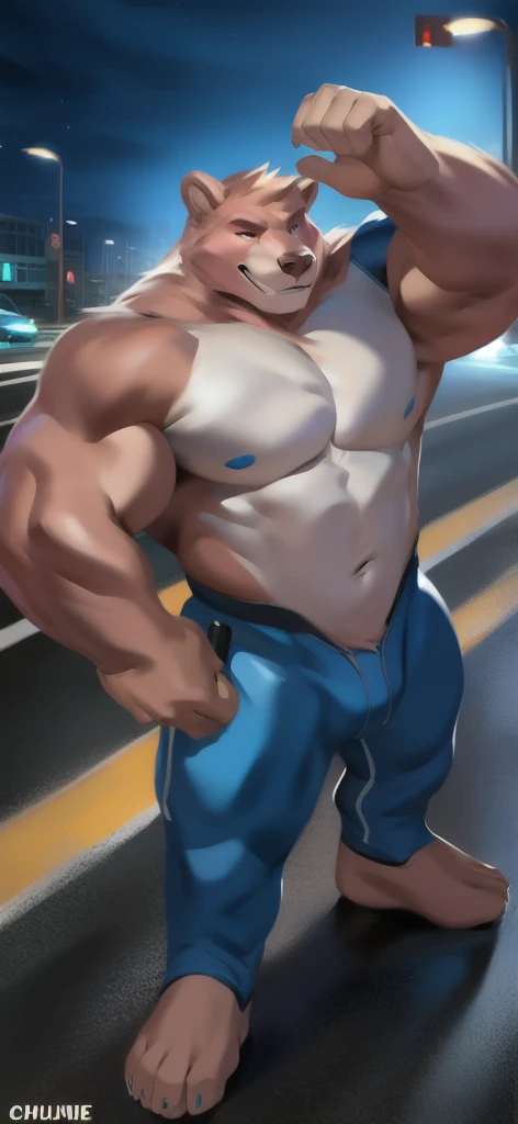  alone, male​ Tall​,huge​ body,Stance, road,pink bear mammoth , Blue Military Spacesuit,  overload,  Muscle , Evil Smile by chunie