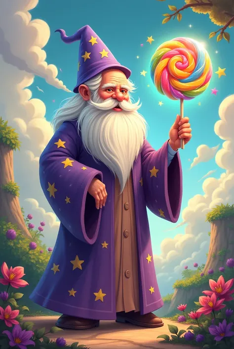 create a ren's illustration of a good wizard, dressed in purple and yellow stars, holding a magic lollipop