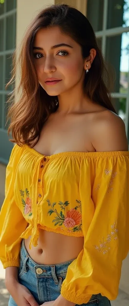 Beautiful girl in yellow off shoulder peasant blouse, showing full stomach, flat and slim stomach, front view, close up full body shot