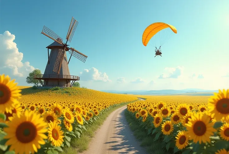 A road between sunflower field, A windmill between sunflower field, powered para gliding flying over sunflower field, clear sky.
