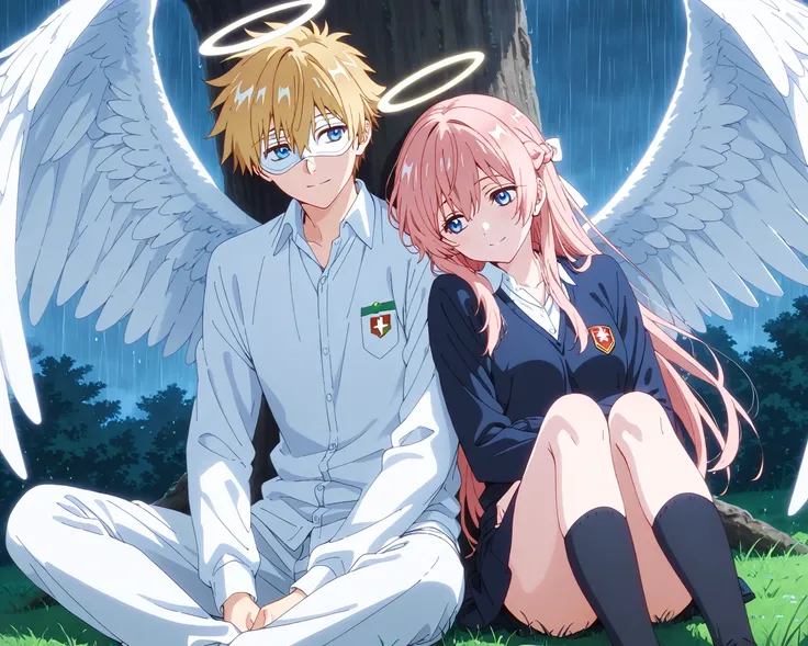 rain,rain background,duo focus,couple, japan student uniform,sitting on grass,hugging under trees,Shelter from the rainมBREAK,1boy,inuzuka shuu, blonde,Full pure White hero masked men anime,white hero mask,white eye mask,angel,big white angel wing,angel ha...