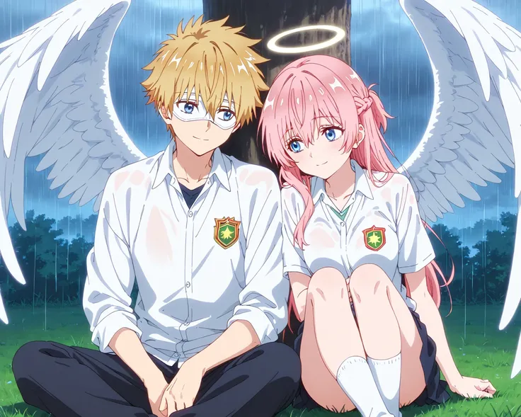 rain,rain background,duo focus,couple, japan student uniform,sitting on grass,hugging under trees,Shelter from the rainมBREAK,1boy,inuzuka shuu, blonde,Full pure White hero masked men anime,white hero mask,white eye mask,angel,big white angel wing,angel ha...