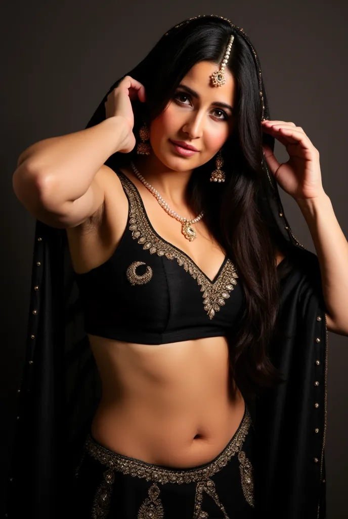 (masterpiece, best quality:1.2), She is draped in a low waist black lehenga with delicate gold embroidery, giving her an ethereal, moonlit glow. Her black sheer veil barely grazes her bare stomach, fully exposing her deep navel and slim waistline. A pearl-...