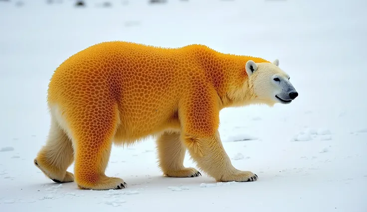 a majestic white polar bear Walking calmly on a blanket of pristine snow, its entire body astonishingly covered in a dense, golden honeycomb. The honeycomb is intricately layered, with each hexagonal cell precisely fitted together, creating a mesmerizing p...