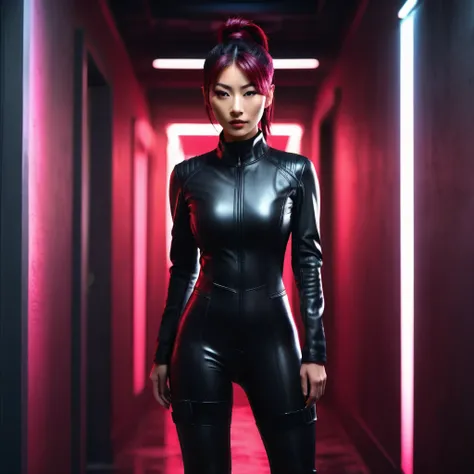  a sexy and confident female Japanese investigator，Wearing a tight black one-piece leather suit， with a burgundy high ponytail hairstyle ，Standing in a cool and powerful posture ， faces forward， in the hallway，Dramatic lighting， Vivid Neon Colors， super hi...