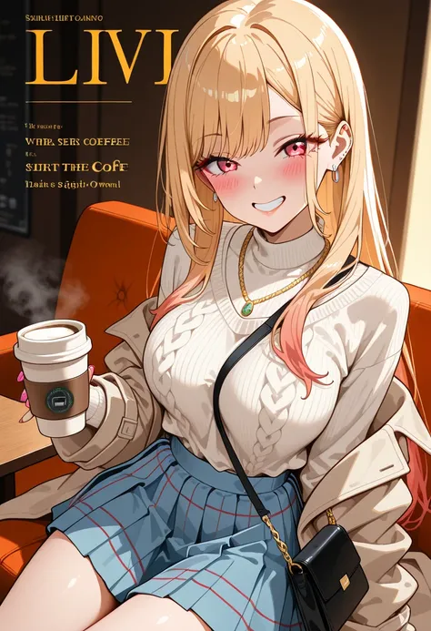 Marin Kitagawa, sitting at a cozy café sofa, resting her elbow on the table while holding a warm coffee cup close to her lips, long loose blonde hair softly flowing over her shoulders, light pink ombre hair, red eyes, earrings, stylish gold necklace, fitte...