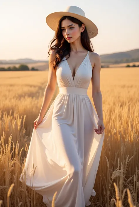 A cinematic, hyper-realistic full-body portrait of Aurora Raven Nyx, radiating elegance and serenity as she gracefully walks through a vast, sunlit field. She wears a **long, flowing white dress**, made of delicate, lightweight fabric that moves beautifull...