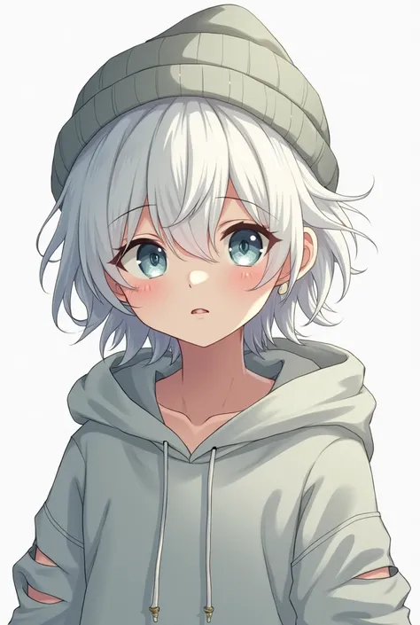 anime boy, white hair, wearing a beanie, oversized hoodie, ripped sleeves