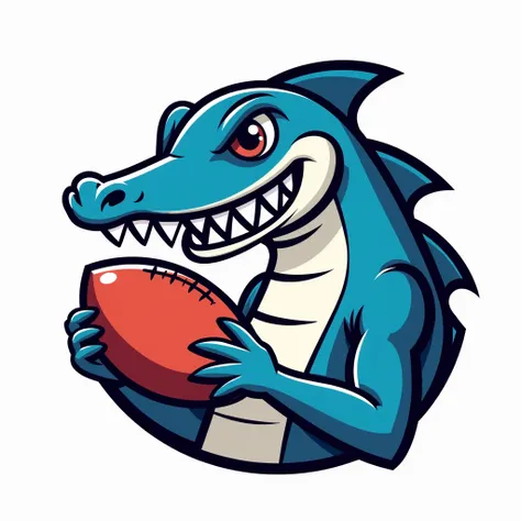 A streamlined barracuda mascot with a friendly, toothy grin, holding a rugby ball between its sharp teeth. The fish’s silver-blue body gives it a sleek, fast appearance, and its eyes are focused but not too aggressive. The design is clean, using bold black...