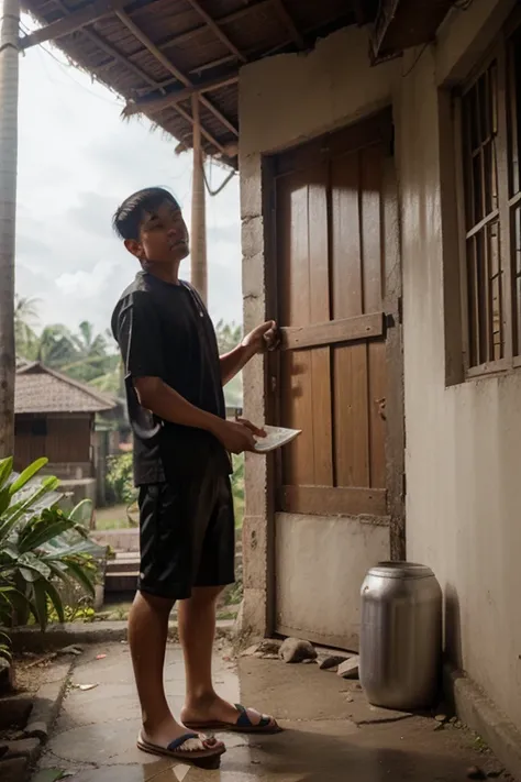 Indonesian man 4D calicature working dark leather building porters short hair wearing flip flops and background in Indonesian region