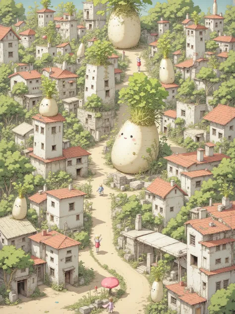   Fairytale Town , View of the winding streets of a city with lots of buildings and houses with daikon motifs, さまざま Fairytale Town , daikon shaped house , radish sprout parasol , Winding Street , from above,  from above見た視点,   Inspiring Bird's Eye View ,Mr...