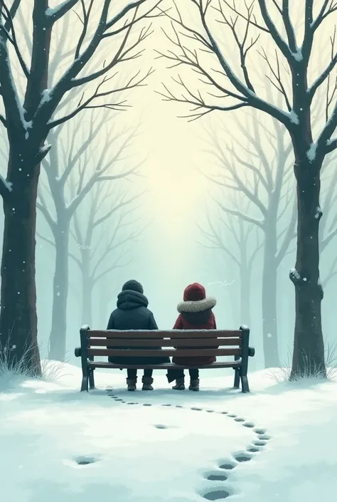 Imagine a snowy morning where light mist fills the air, and an unexpected encounter takes place on a lonely bench."**  