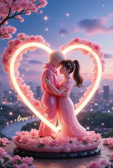 3D heart shape light motion effect, warm embrace of two people, sparkle, glowing, "love" text, dusk, city lights, cityscape, pink and blue, (masterpiece, best quality:1.2)

