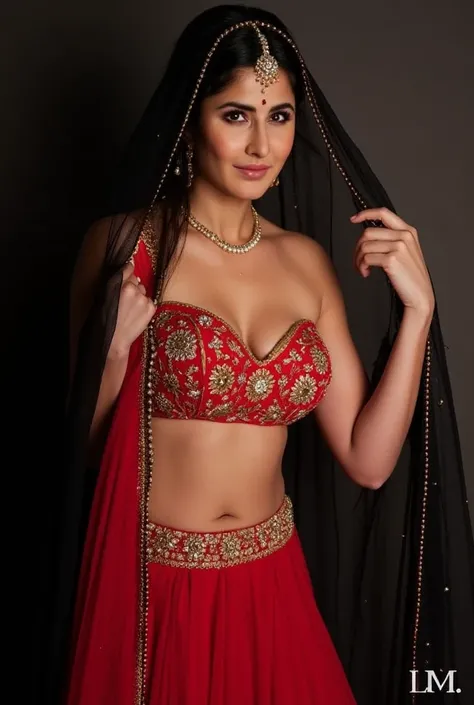 (masterpiece, best quality:1.2), She is draped in a low waist red lehenga with delicate gold embroidery, giving her an ethereal, moonlit glow. Her black sheer veil barely grazes her bare stomach, fully exposing her deep navel and slim waistline. A pearl-st...