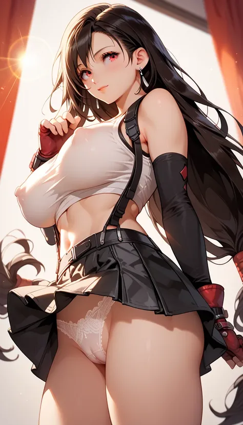 Viewed from the side ,30 year old tifa lockhart, wearing tifa lockhart outfit,Large breasts,clothed,Lens Flare, Large breasts, erect nipples, black skirt, white lace panties, cameltoe 