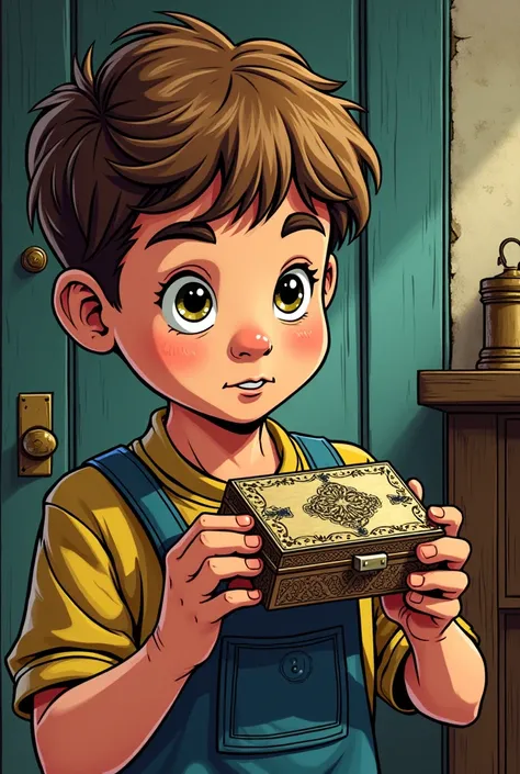  A boy holds an old snuffbox in his hand (in the style of an American comic )