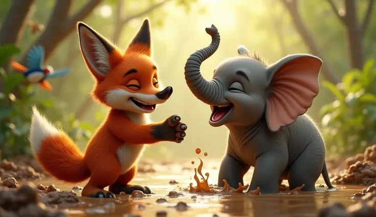 The scene shifts to a close-up of Foxy standing in front of the baby elephant, making funny faces with a big, goofy grin. One of his paws is stretched out, tickling the elephant’s ear. The baby elephant is laughing with its trunk lifted, wiggling happily. ...