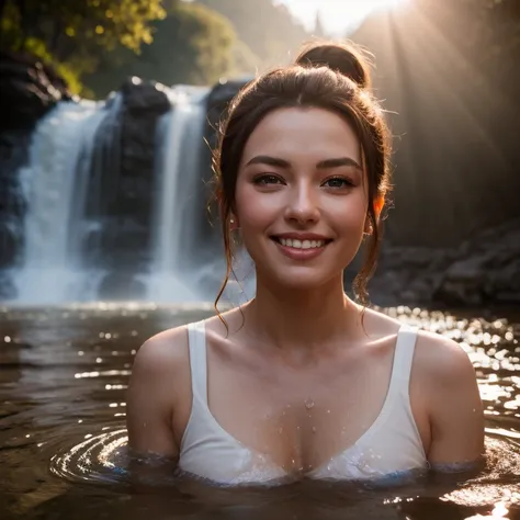 Night scene, close-up photo of Galadriel, small breasts, bathing near the waterfall, body soaked in water, lean cheeks, (sharp ears:1.2), wet hair, chin up, seductive face, no bra, stones, pure water, cleavage show, water on the body, realistic pores on th...