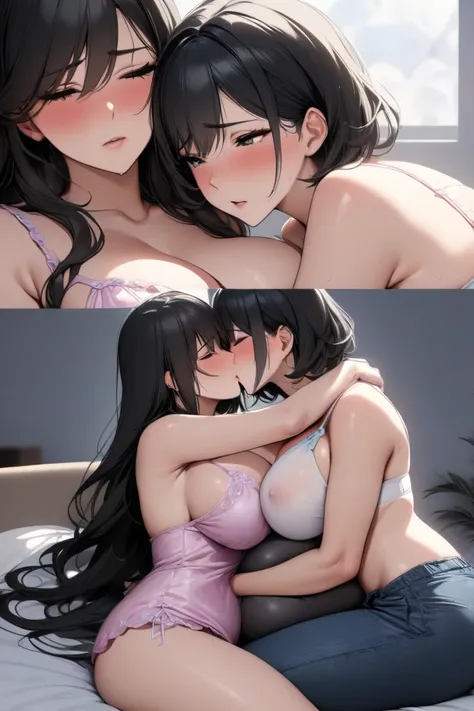 top quality, masterpiece,  Hi-Res, 8k, (2 girls ),  (((face shot))),   wearing sexy nightwear, １People have big breasts, black hair, short hair, and bulge the crotch of their pants with futanari, １ people who look away with a sad expression have beautiful ...