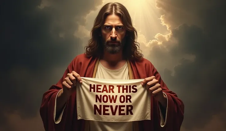 A highly detailed and dramatic digital painting of Jesus Christ holding a cloth in front of his chest. The cloth has the bold message "HEAR THIS NOW OR NEVER" written in English letters. Jesus looks directly at the viewer with a serious and urgent expressi...