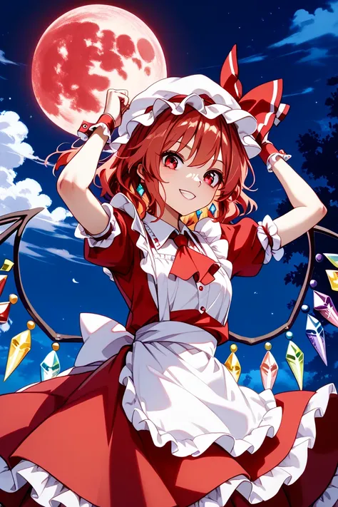  detailed depiction of up to the front door、(( Flandre Scarlet from Touhou Project))、((( Flandre Scarlet)))、(((Red maid outfit)))、  red eyes、(((I can see the red moon above my head )))、(((White nightcap )))、(((I'm in the courtyard of the Red Devil at night...