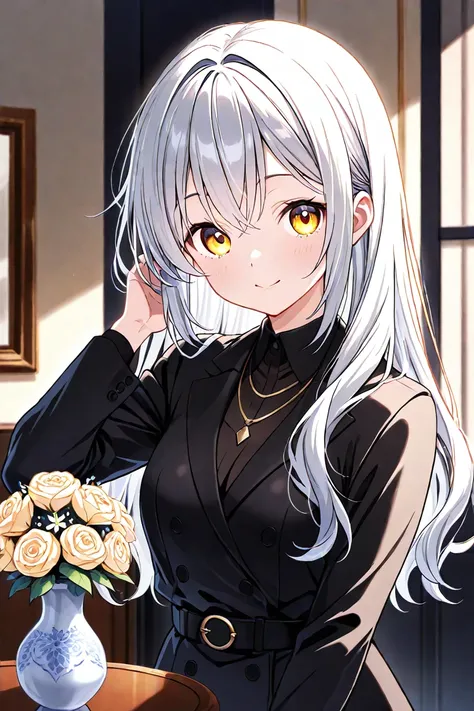  Silver Hair、 girl、 hair is long、I'm braiding part of my hair、 has her hair down、 golden eyes、 smiles on the vase、 mafia executive、 are cool、 cute、cool clothes 