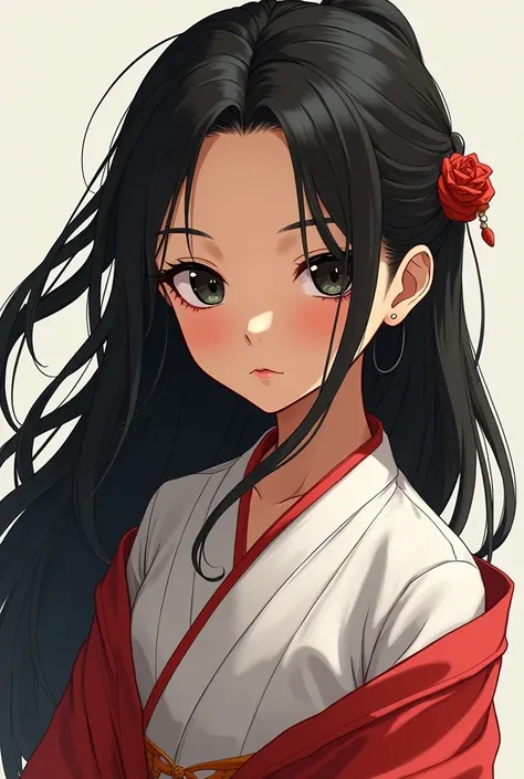 Highly rendered semi realistic anime style of a young girl with black hair and black eyes, and tan skin. Girl that looks a bit like south east asian in white and red chinese cloth 