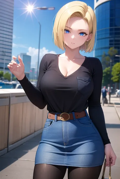 android18, android 18, blonde hair, blue eyes, eyelashes, hoop earrings, short hair, earrings,
BREAK belt, brown pantyhose, black shirt, breast pocket, cleavage, collarbone, denim, denim skirt, high-waist skirt, jewelry, long sleeves, pocket, shirt, crop s...