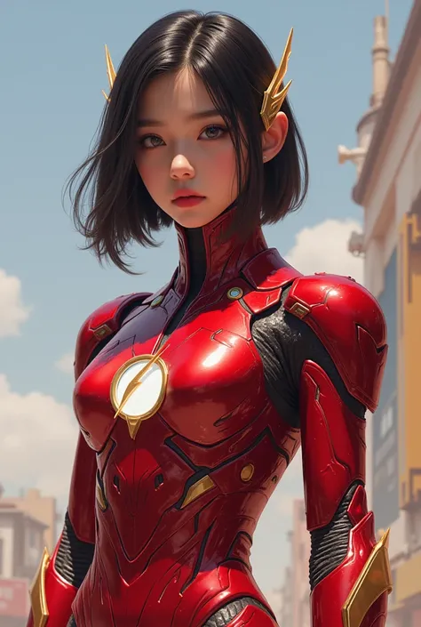 A beautiful cute young asian girl, wearing hybrid between flash and ironman suit, looking at the viewer.