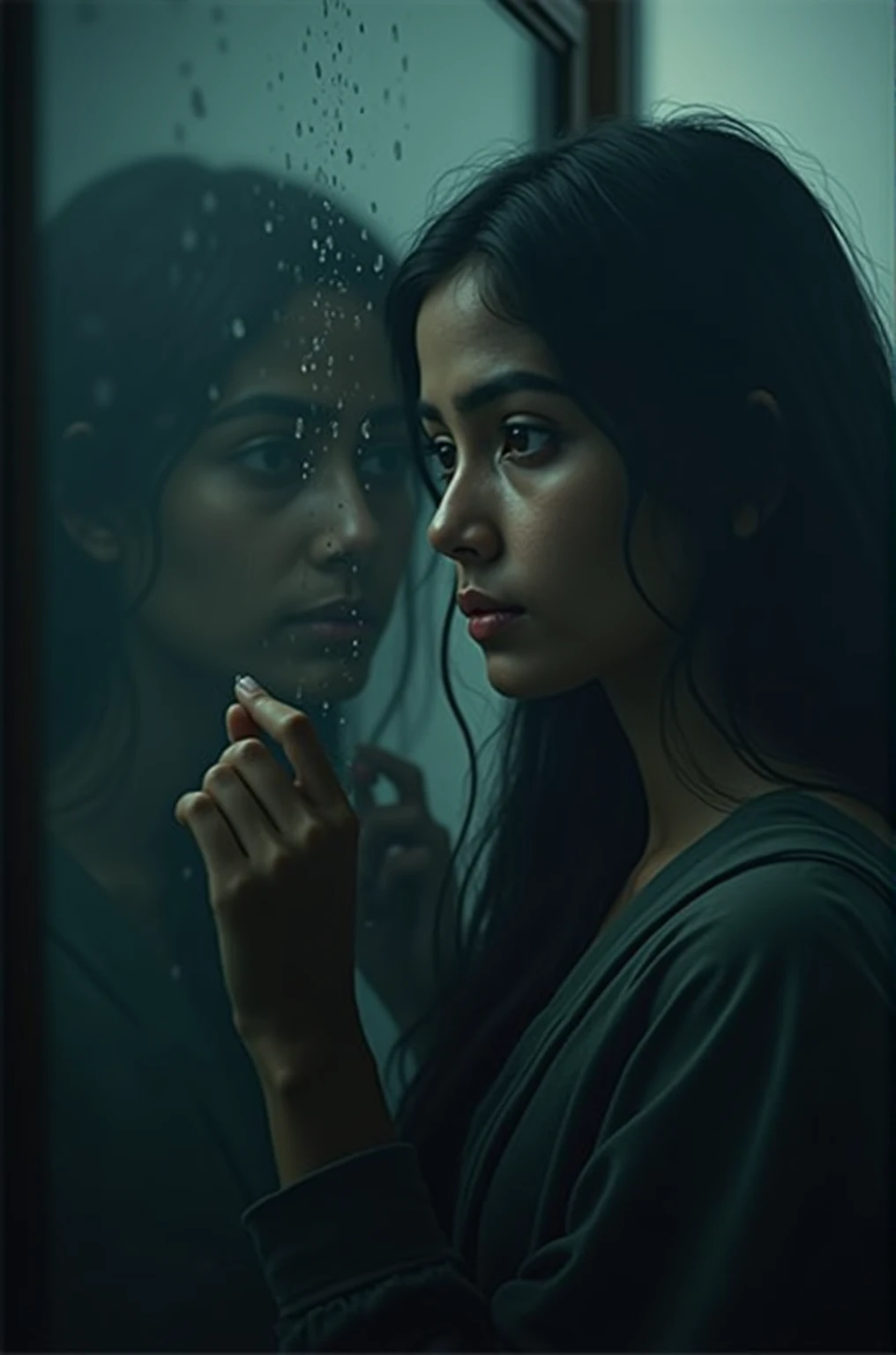  A cinematic and moody poster featuring an Indian young woman with deep, expressive eyes. She is standing in front of a foggy mirror, wiping away the condensation with her fingers, revealing her intense and mysterious face. The droplets of water on the gla...