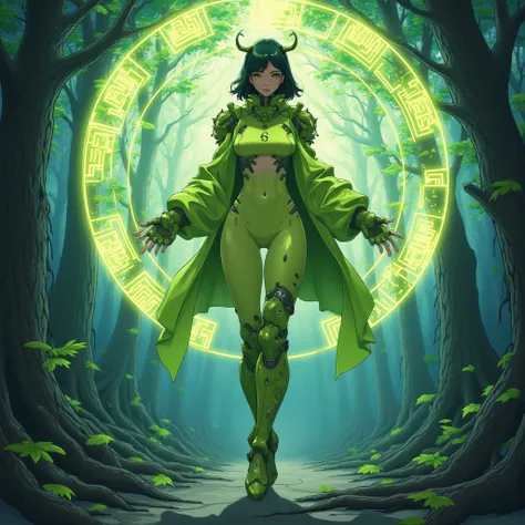 - Main Character, Beautiful "Korean" Woman with green eyes, shoulder length hair, greenish black.

- Wearing a costume ("Full Sexy Armor"), a costume that embodies the form of "Metapod-Pokemon.

(Armor Chest and Thighs open).
Futuristic Costume Design, the...