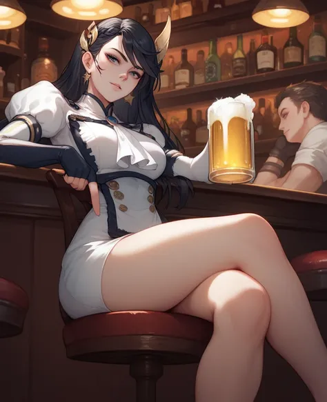 Masterpiece, perfect face, score_9, score_8_up,  score_7_up, rorbrunhilde, black hair, hair ornamentdress, white ascot, elbow gloves, fingerless gloves, bar, drink a beer, sit on chair, legs crossed, angle below 