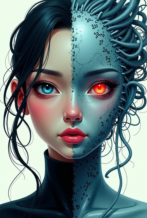 detailed plain book cover, The cover features a split image of an android face, with one side showing her authentic self and the other side showcasing her digital persona. The two sides are connected by a tangled web of binary code, symbolizing the struggl...