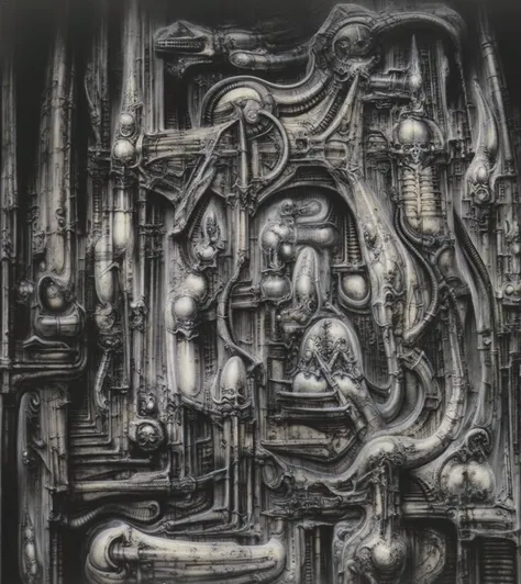 Please reproduce the original image as accurately as possible, capturing the intricate details of the biomechanical structures, the dramatic lighting, and the overall sense of unease. Find and enhance depiction of Giger's demons and creatures.(best quality...