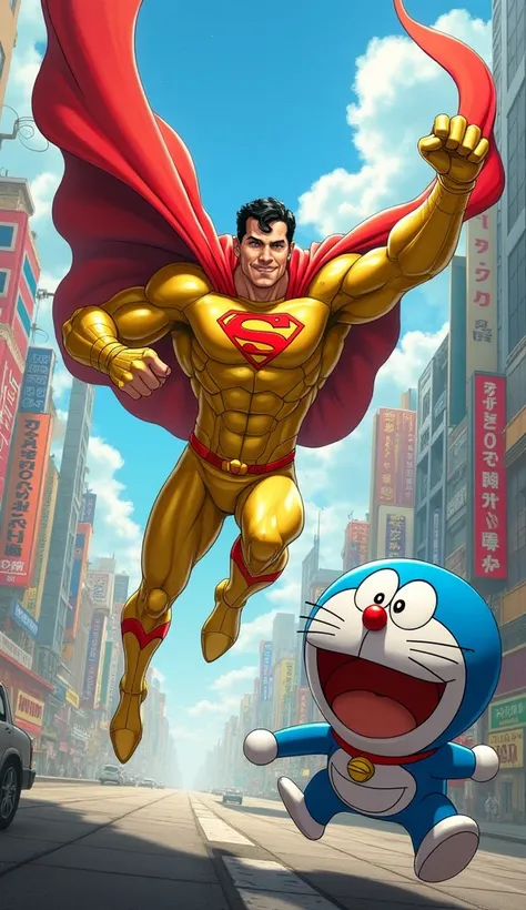 Create an action-packed scene featuring Gold Superman in his shimmering golden suit battling Doraemon in a vibrant cityscape. Gold Superman is using his super strength and flight, while Doraemon employs his futuristic gadgets like the Anywhere Door and Tim...