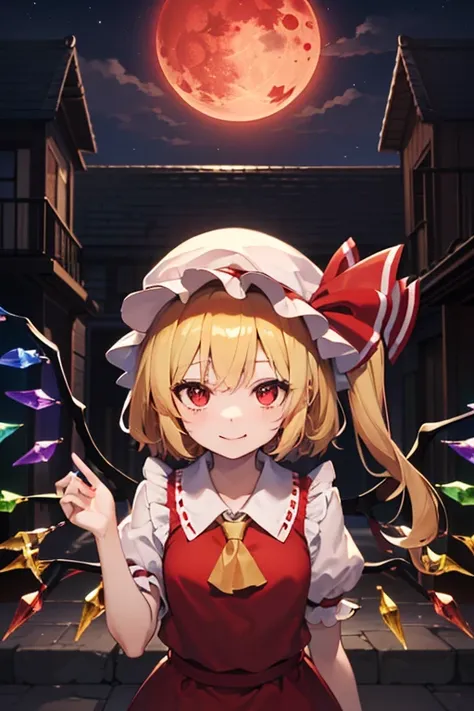  detailed depiction of up to the front door、(( Flandre Scarlet from Touhou Project))、((( Flandre Scarlet)))、(((Red maid outfit)))、  red eyes、(((I can see the red moon above my head )))、(((White nightcap )))、(((I'm in the courtyard of the Red Devil at night...