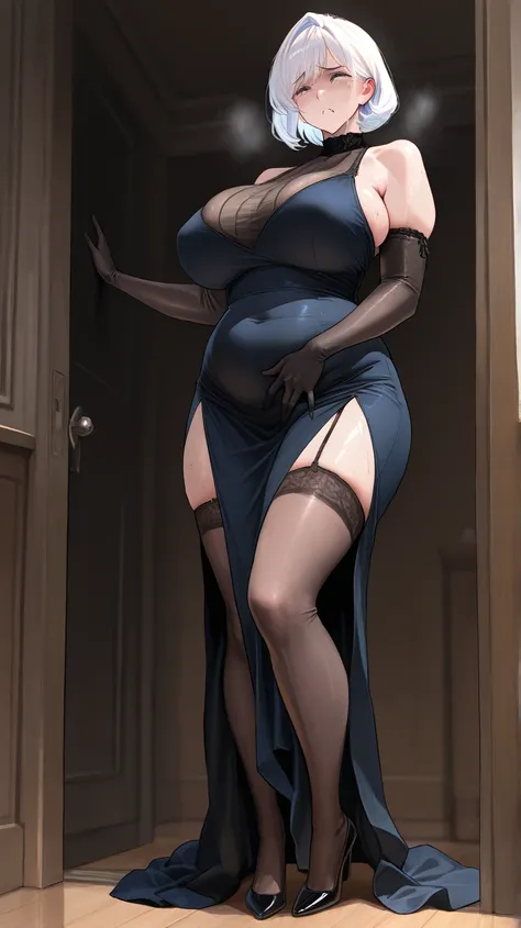 ((  Superb)), (( masterpiece)), (  Detailed  ),   Sexy Girl  ,   huge boobs ,  chubby body매,   chubby body,   long legged ,  black long stocking gloves, Long stockings that come to the hub, Mother,   Milf,   middle-aged woman ,  white hair,   has short hai...