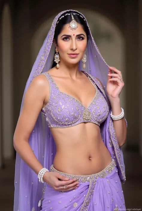 (masterpiece, best quality:1.2), She is draped in a low waist light purple with delicate gold embroidery, giving her an ethereal, moonlit glow. Her light purple veil barely grazes her bare stomach, fully exposing her deep navel and slim waistline. A pearl-...